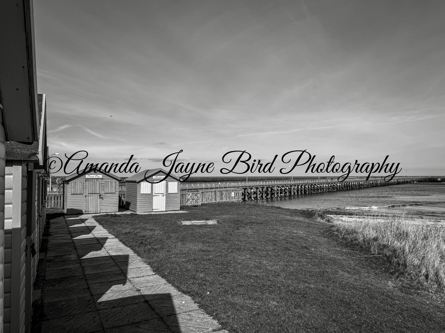 Amble Beach Huts & Pier (B&W)
