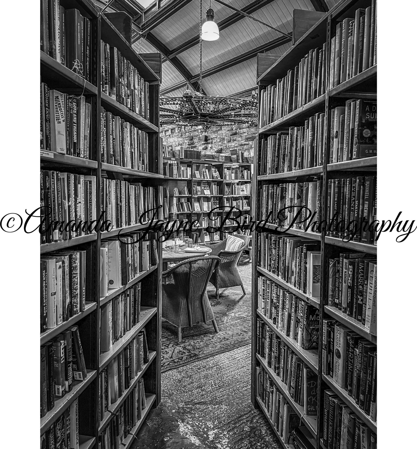 Barter Books - Dining table view (B&W)