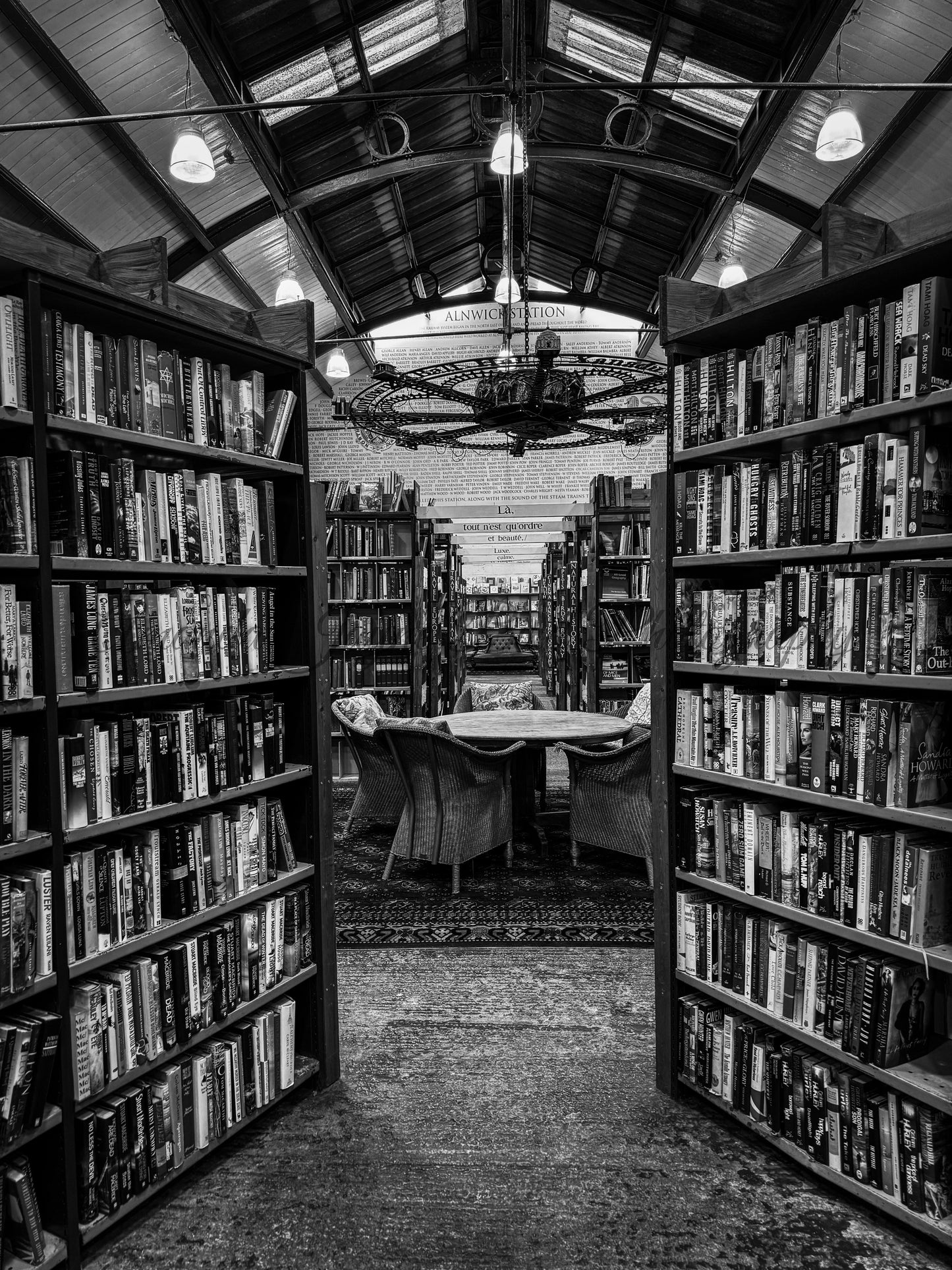 Barter Books - Dining table view (B&W)