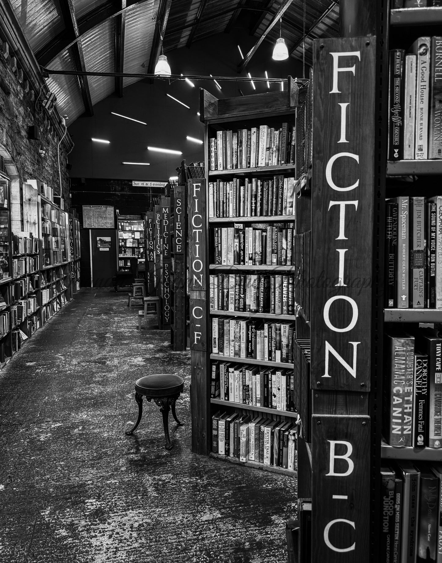 Barter Books - Fiction aisle (B&W)