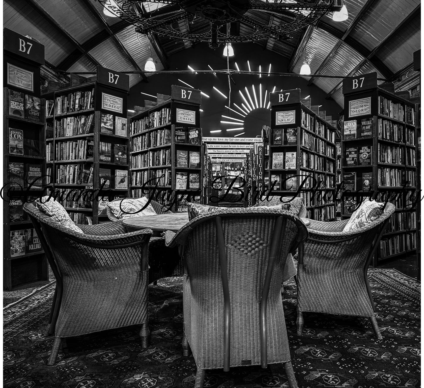 Barter Books - Dining table view (B&W)
