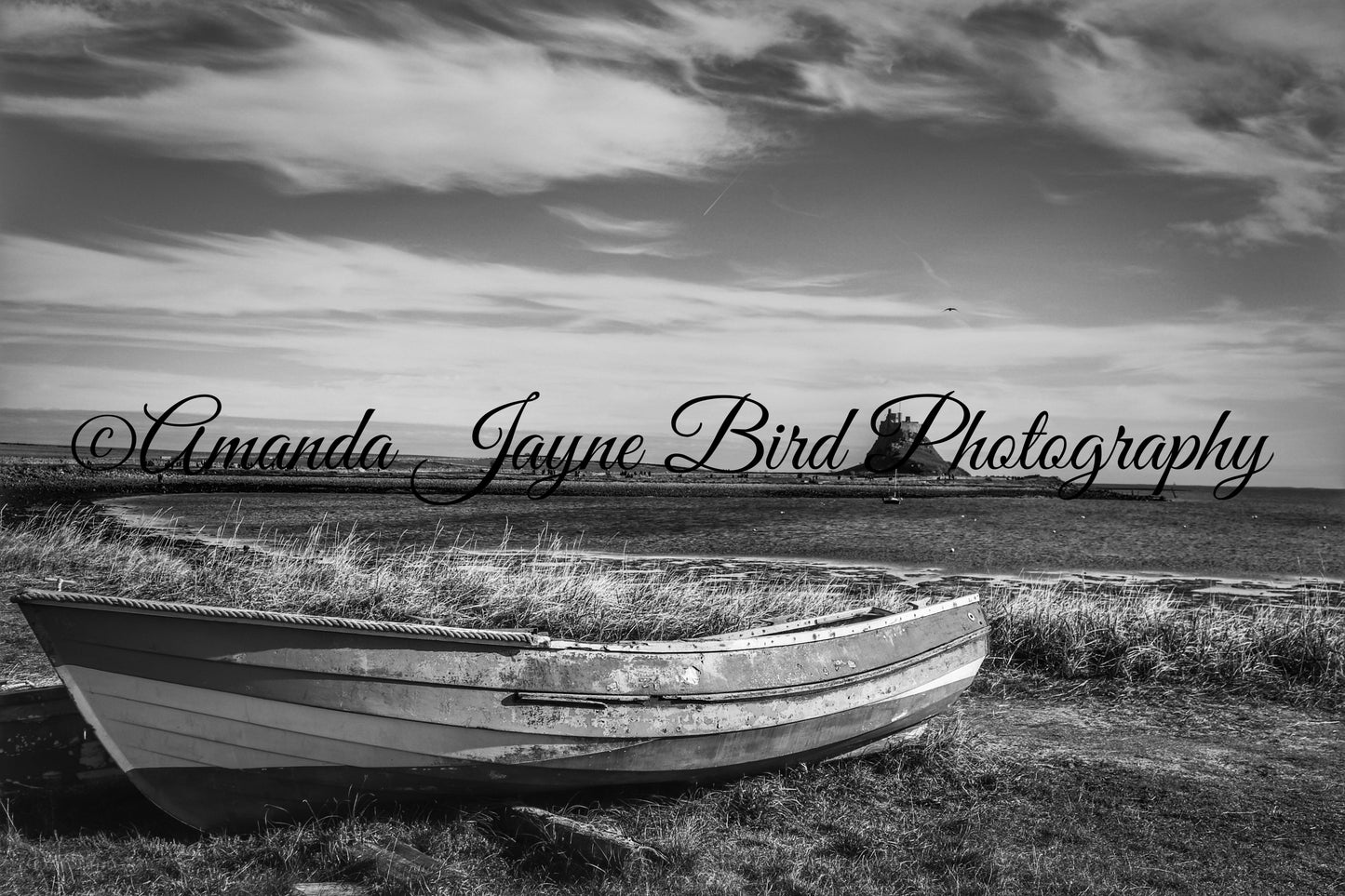 Lindisfarne Castle & fishing boat (B&W)
