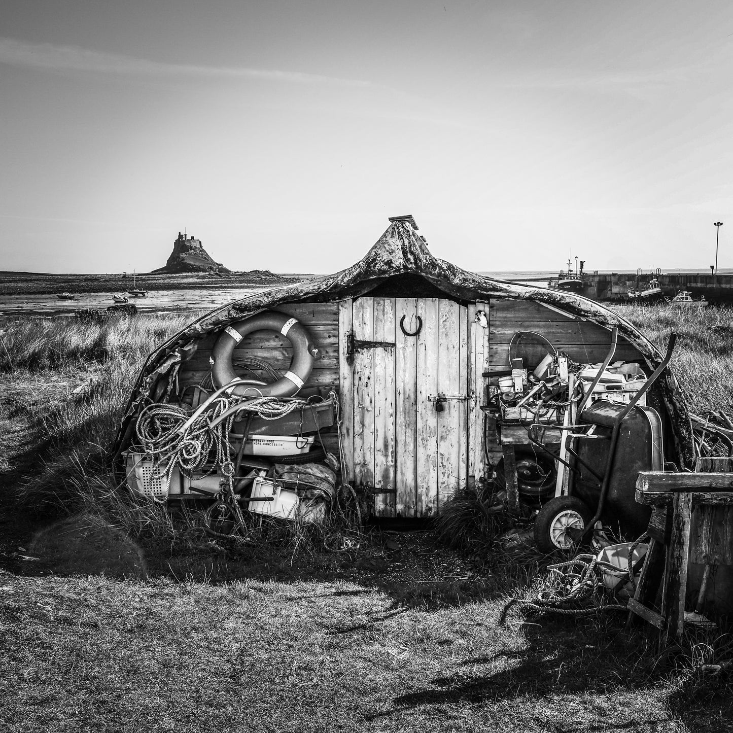 Lindisfarne Castle & Boat Shed (B&W)