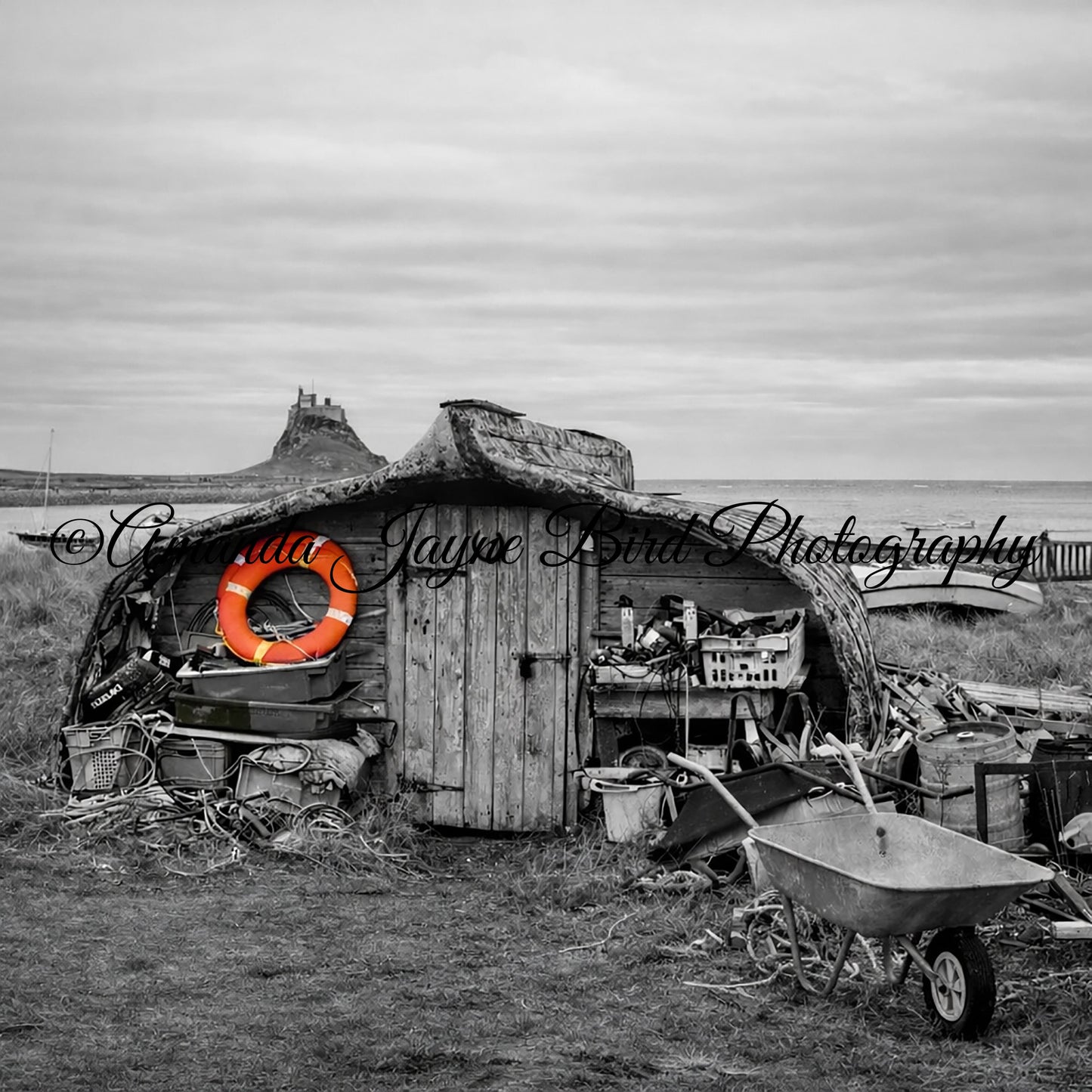 Lindisfarne Castle & Boatshed, Holy island (B&W)